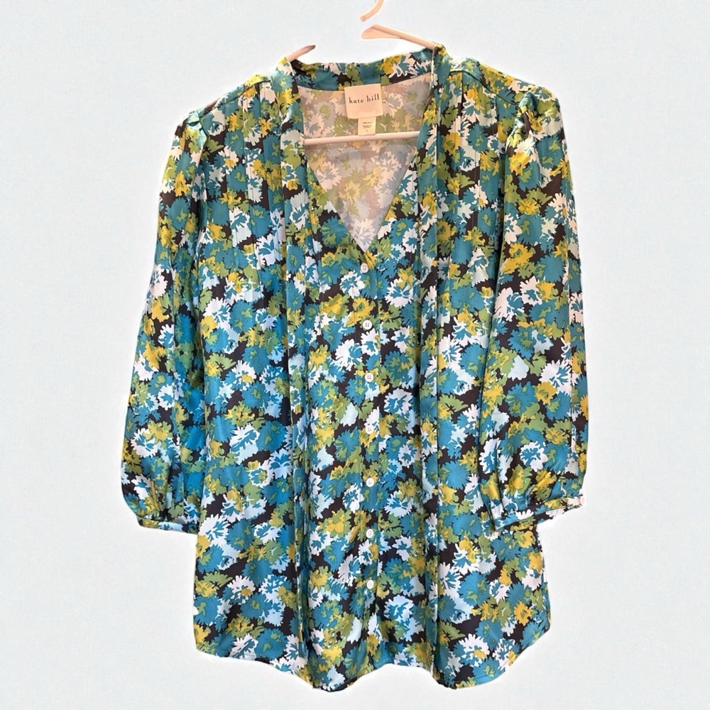 Kate Hill Blue and Green Floral Blouse